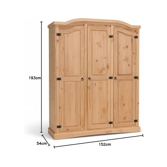 Dynamic24 Schrank Schlafzimmer – New Mexiko Kleiderschrank 3-türig – B152xH193xT54cm – Massivholz Kiefer Natur – Kommode – Garderobenschrank – Mehrzweckschrank – Offener Kleiderschrank – Wardrobe