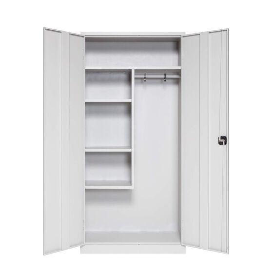 Furni24 Metall Putzmittelschrank – TÜV/GS - Wäscheschrank aus Stahl mit Türen, Zweipunktverriegelung incl. 2 Schlüsseln, Garderobenstange, großen Fächern, Hutablage, fertig montiert -Grau, 92x195x42cm