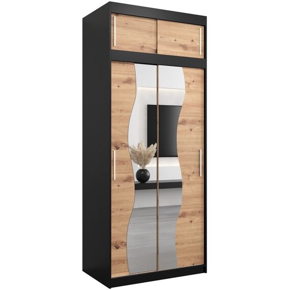 KRYSPOL Schwebetürenschrank Madryt 100 cm mit Spiegel Kleiderschrank mit Kleiderstange und Einlegeboden Schlafzimmer- Wohnzimmerschrank Schiebetüren (Schwarz + Artisan Eiche mit Erweiterung)