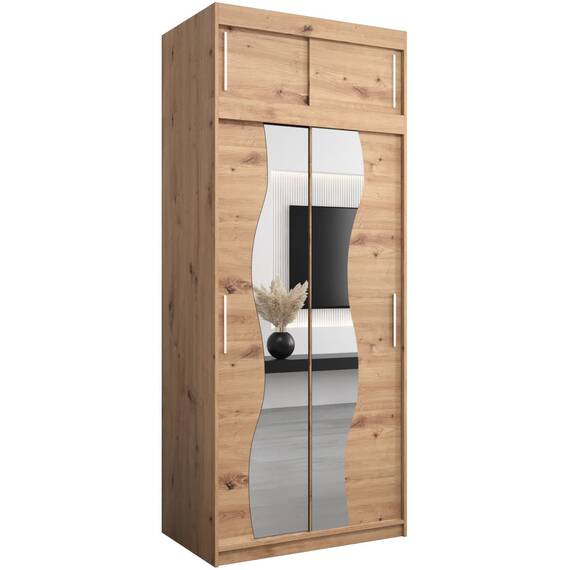 KRYSPOL Schwebetürenschrank Madryt 100 cm mit Spiegel Kleiderschrank mit Kleiderstange und Einlegeboden Schlafzimmer- Wohnzimmerschrank Schiebetüren Modern Design (Artisan Eiche mit Erweiterung)