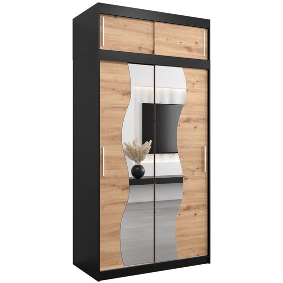 KRYSPOL Schwebetürenschrank Madryt 120 cm mit Spiegel Kleiderschrank mit Kleiderstange und Einlegeboden Schlafzimmer- Wohnzimmerschrank Schiebetüren (Schwarz + Artisan Eiche mit Erweiterung)
