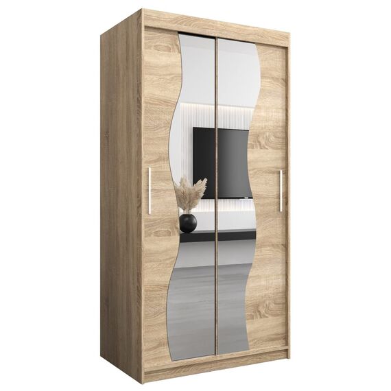 KRYSPOL Schwebetürenschrank Madryt 100 cm mit Spiegel Kleiderschrank mit Kleiderstange und Einlegeboden Schlafzimmer- Wohnzimmerschrank Schiebetüren Modern Design (Sonoma)