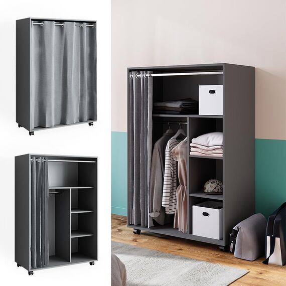 Vicco Kleiderschrank Doros, Grau, 100 x 146.6 cm mit Rollen, mit Rollen zur flexiblen Platzierung im Raum