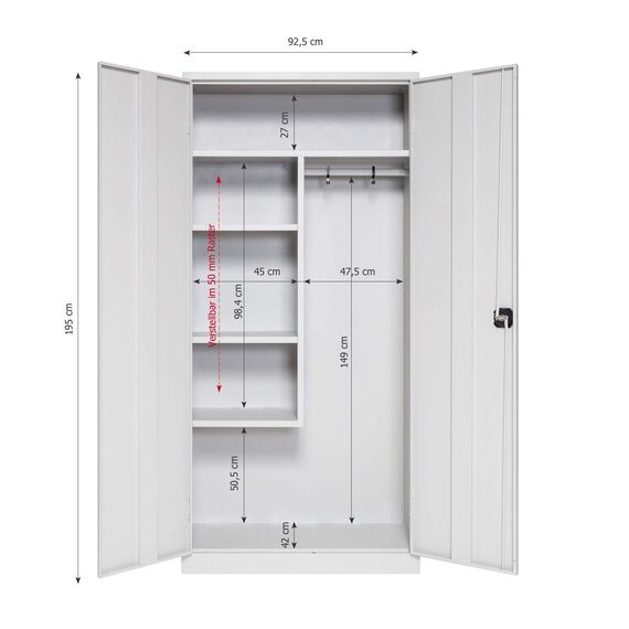 Furni24 Metall Putzmittelschrank – TÜV/GS - Wäscheschrank aus Stahl mit Türen, Zweipunktverriegelung incl. 2 Schlüsseln, Garderobenstange, großen Fächern, Hutablage, fertig montiert -Grau, 92x195x42cm