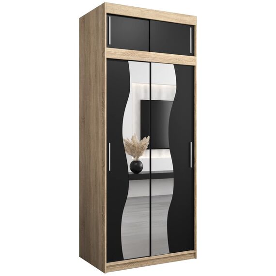 KRYSPOL Schwebetürenschrank Madryt 100 cm mit Spiegel Kleiderschrank mit Kleiderstange und Einlegeboden Schlafzimmer- Wohnzimmerschrank Schiebetüren Modern Design (Sonoma + Schwarz mit Erweiterung)