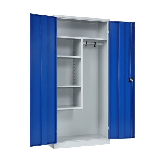 furni24 Metall Putzmittelschrank–Wäscheschrank aus Stahl mit blauen Türen Zweipunktverriegelung incl. 2 Schlüsseln Kleiderspind Stahl Lagerschrank Werkzeugschrank fertig montiert-Grau 92x195x42cm