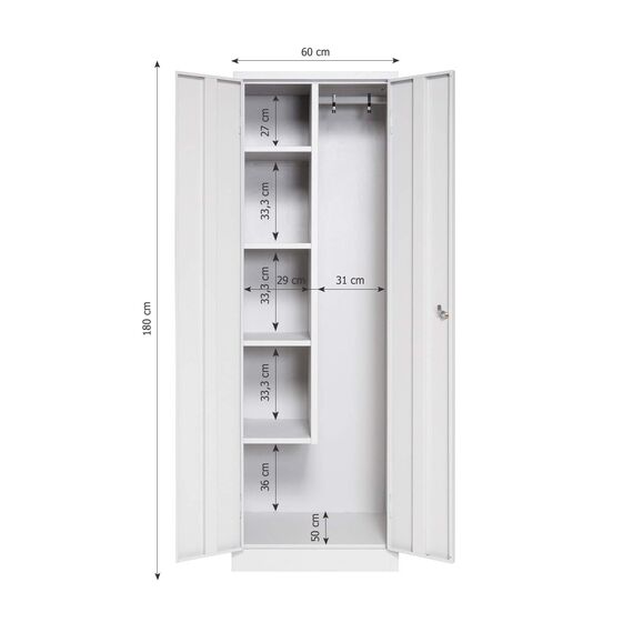 furni24 TÜV/GS - Metall Putzmittelschrank – Wäsche Schrank aus Stahl mit Türen, Garderobenstange, große Fächer, Hutablage, fertig montiert - Grau, XXL 60 x 50 x 180 cm