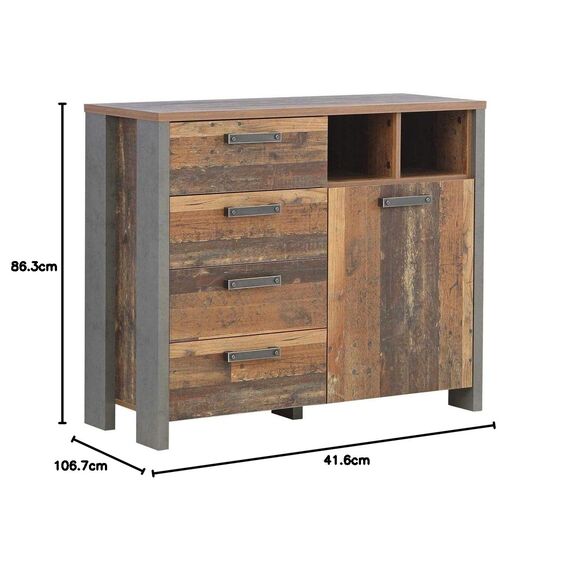 FORTE Clif Kommode mit 1 Tür und 4 Schubladen, Holzwerkstoff, Old – Wood Vintage/ Betonoptik Dunkelgrau, 106,7 x 86,3 x 41,6 cm