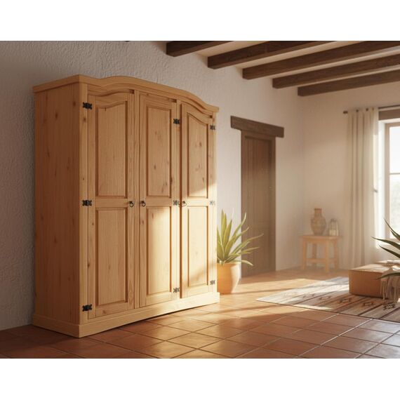 Dynamic24 Schrank Schlafzimmer – New Mexiko Kleiderschrank 3-türig – B152xH193xT54cm – Massivholz Kiefer Natur – Kommode – Garderobenschrank – Mehrzweckschrank – Offener Kleiderschrank – Wardrobe
