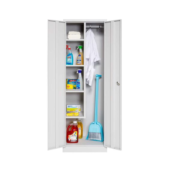 furni24 TÜV/GS - Metall Putzmittelschrank – Wäsche Schrank aus Stahl mit Türen, Garderobenstange, große Fächer, Hutablage, fertig montiert - Grau, XXL 60 x 50 x 180 cm