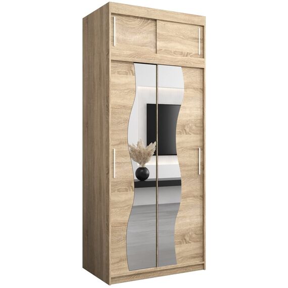 KRYSPOL Schwebetürenschrank Madryt 100 cm mit Spiegel Kleiderschrank mit Kleiderstange und Einlegeboden Schlafzimmer- Wohnzimmerschrank Schiebetüren Modern Design (Sonoma mit Erweiterung)