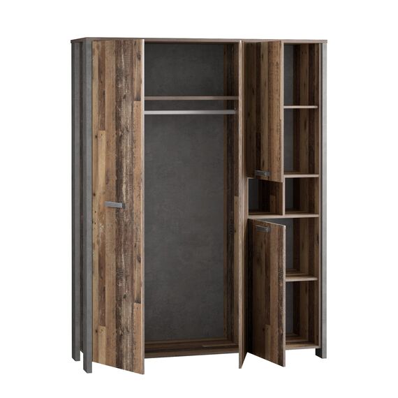 FORTE CLIF Schrank 150 160, Kleiderschrank mit Spiegel Industrial Vintage Schlafzimmerschrank 4-türig Holzdekor: Old – Wood Vintage / Betonoptik Dunkelgrau, 156 cm breit x 205 cm hoch x 52 cm tief