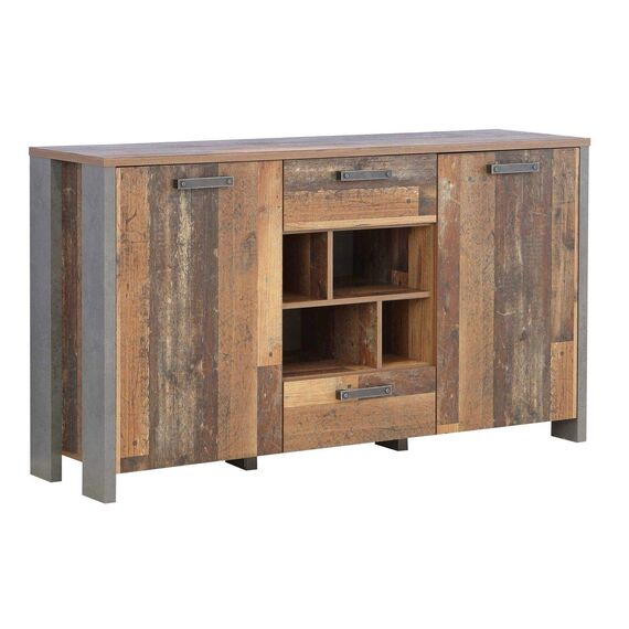 FORTE Clif Kommode mit 2 Türen und 2 Schubladen, Holzwerkstoff, Old – Wood Vintage/ Betonoptik Dunkelgrau, 156,4 x 86,3 x 41,6 cm