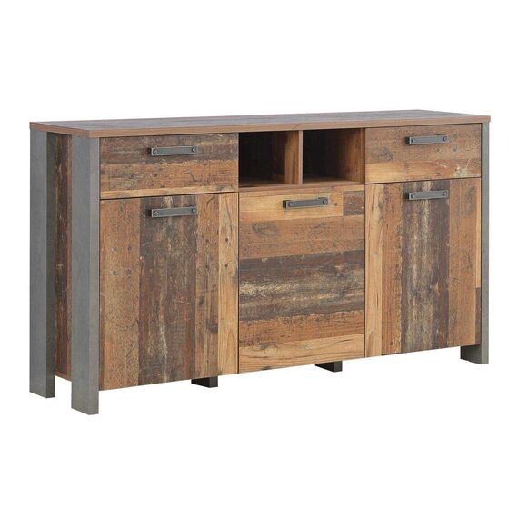 FORTE Clif Kommode mit 3 Türen und 2 Schubladen, Holzwerkstoff, Old – Wood Vintage/ Betonoptik Dunkelgrau, 156,4 x 86,3 x 41,6 cm