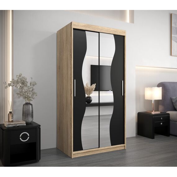 KRYSPOL Schwebetürenschrank Madryt 100 cm mit Spiegel Kleiderschrank mit Kleiderstange und Einlegeboden Schlafzimmer- Wohnzimmerschrank Schiebetüren Modern Design (Sonoma + Schwarz)