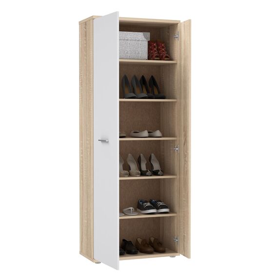 FORTE NET106 Schrank 70, Schuhschrank, Garderobenschrank, Abstellraum, Drehtürenschrank, 2-türig mit Einlegeböden, Weiß mit Holzdekor: Sonoma Eiche, 69 cm breit x 179 cm hoch x 35 cm tief