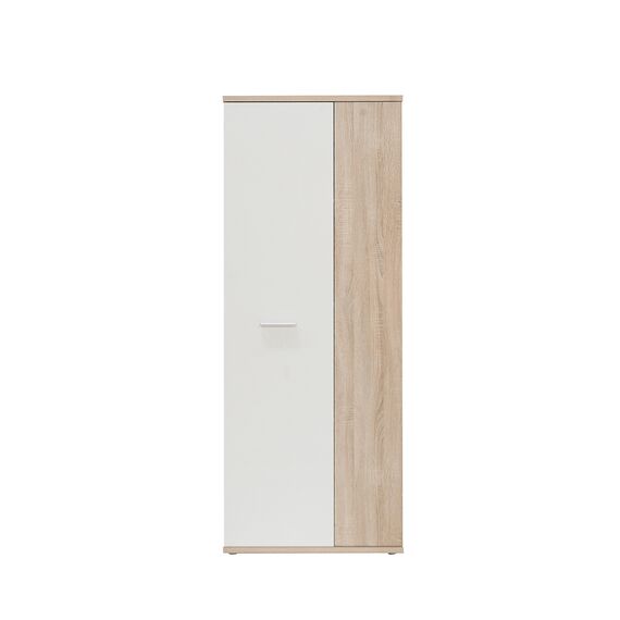 FORTE NET106 Schrank 70 180, Mehrzweckschrank klein, Staubsaugerschrank, Abstellraum, 2-türig mit Einlegeböden, Weiß mit Holzdekor: Sonoma Eiche, 69 cm breit x 179 cm hoch x 35 cm tief
