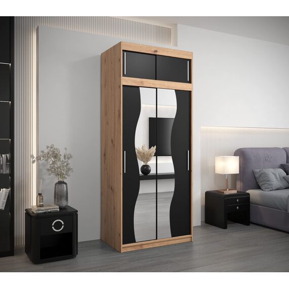 KRYSPOL Schwebetürenschrank Madryt 100 cm mit Spiegel Kleiderschrank mit Kleiderstange und Einlegeboden Schlafzimmer- Wohnzimmerschrank Schiebetüren (Artisan Eiche + Schwarz mit Erweiterung)