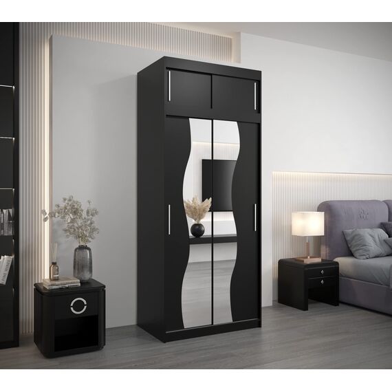KRYSPOL Schwebetürenschrank Madryt 100 cm mit Spiegel Kleiderschrank mit Kleiderstange und Einlegeboden Schlafzimmer- Wohnzimmerschrank Schiebetüren Modern Design (Schwarz mit Erweiterung)