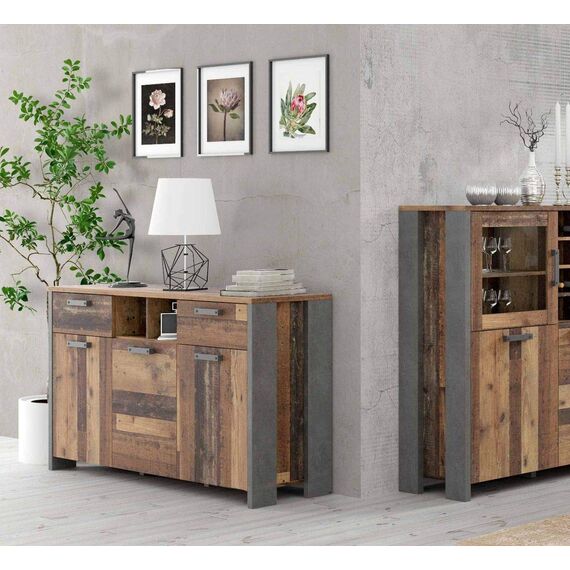 FORTE Clif Kommode mit 3 Türen und 2 Schubladen, Holzwerkstoff, Old – Wood Vintage/ Betonoptik Dunkelgrau, 156,4 x 86,3 x 41,6 cm