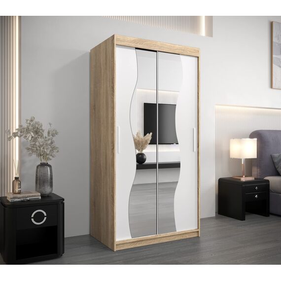KRYSPOL Schwebetürenschrank Madryt 100 cm mit Spiegel Kleiderschrank mit Kleiderstange und Einlegeboden Schlafzimmer- Wohnzimmerschrank Schiebetüren Modern Design (Sonoma + Weiß)