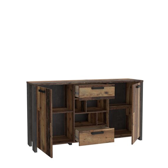 FORTE Clif Kommode mit 2 Türen und 2 Schubladen, Holzwerkstoff, Old – Wood Vintage/ Betonoptik Dunkelgrau, 156,4 x 86,3 x 41,6 cm