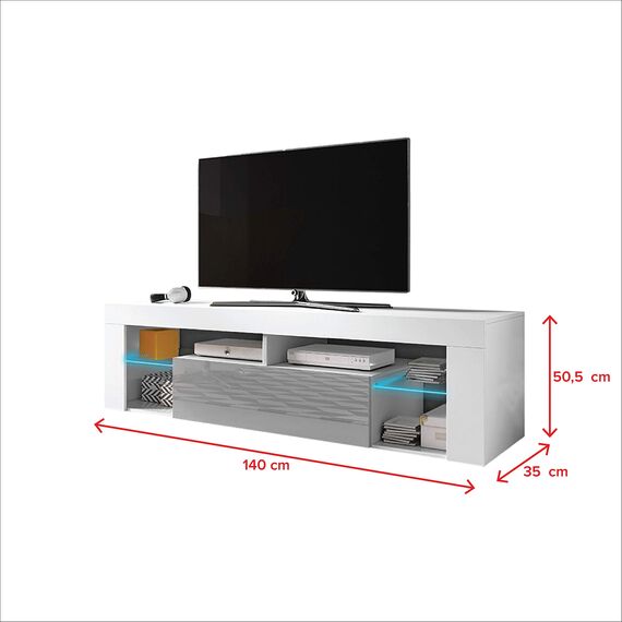 Selsey Bianko – TV Lowboard/TV Schrank, Weiß Matt/Grau Hochglanz, mit LED-Beleuchtung, 140 x 35 x 50,6 cm