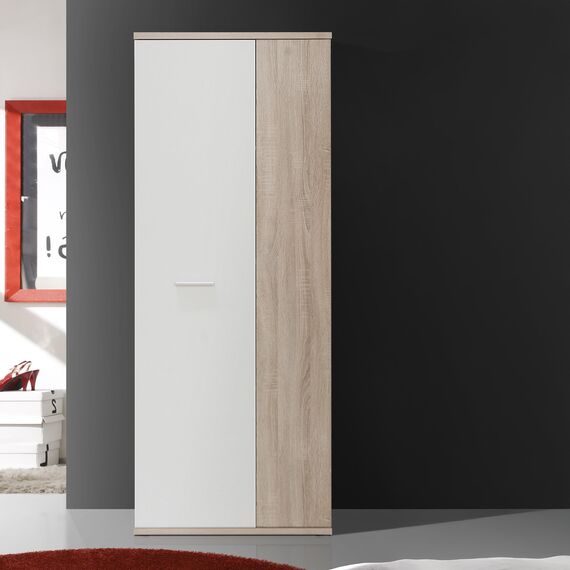 FORTE NET106 Schrank 70, Schuhschrank, Garderobenschrank, Abstellraum, Drehtürenschrank, 2-türig mit Einlegeböden, Weiß mit Holzdekor: Sonoma Eiche, 69 cm breit x 179 cm hoch x 35 cm tief