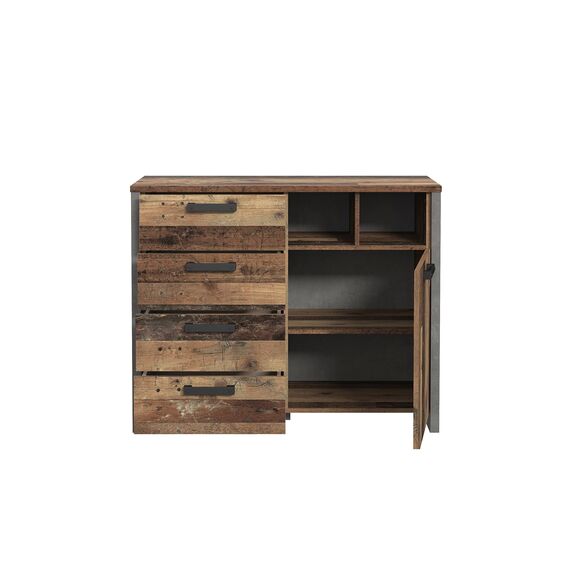 FORTE Clif Kommode mit 1 Tür und 4 Schubladen, Holzwerkstoff, Old – Wood Vintage/ Betonoptik Dunkelgrau, 106,7 x 86,3 x 41,6 cm