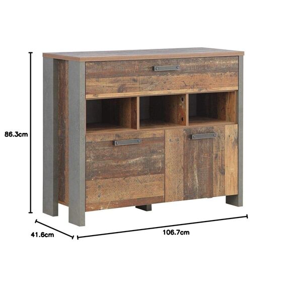 FORTE Clif Kommode mit 2 Türen und 1 Schublade, Holzwerkstoff, Old – Wood Vintage/ Betonoptik Dunkelgrau, 41,6 x 106,7 x 86,3 cm