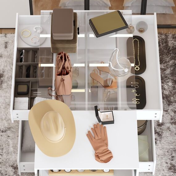 TAMUNE Schlafzimmer-Insel-Kleiderschrank mit 8 Schubladen und Glastischplatte, Ausstellungsregal, Weiß (120 cm B