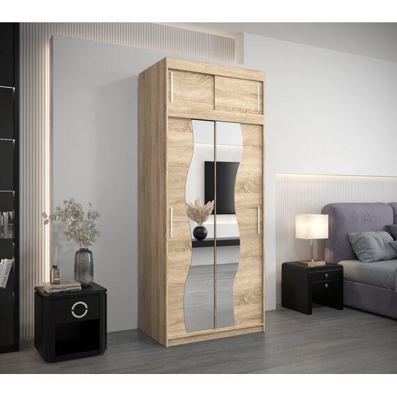 KRYSPOL Schwebetürenschrank Madryt 100 cm mit Spiegel Kleiderschrank mit Kleiderstange und Einlegeboden Schlafzimmer- Wohnzimmerschrank Schiebetüren Modern Design (Sonoma mit Erweiterung)