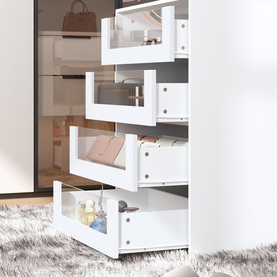 TAMUNE Schlafzimmer-Insel-Kleiderschrank mit 8 Schubladen und Glastischplatte, Ausstellungsregal, Weiß (120 cm B