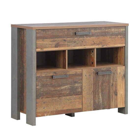 FORTE Clif Kommode mit 2 Türen und 1 Schublade, Holzwerkstoff, Old – Wood Vintage/ Betonoptik Dunkelgrau, 41,6 x 106,7 x 86,3 cm