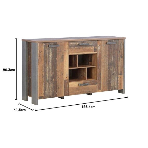 FORTE Clif Kommode mit 2 Türen und 2 Schubladen, Holzwerkstoff, Old – Wood Vintage/ Betonoptik Dunkelgrau, 156,4 x 86,3 x 41,6 cm