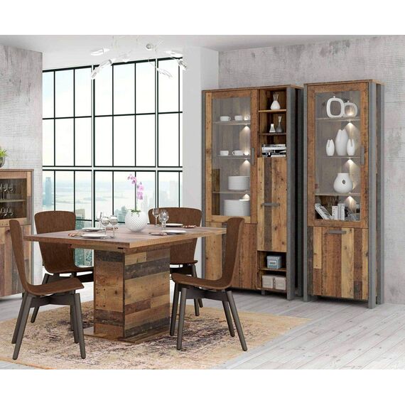 FORTE Clif Vitrine mit 1 Tür unf 1 Glastür, Holzwerkstoff, Old – Wood Vintage/ Betonoptik Dunkelgrau, 91,7 x 204,9 x 41,6 cm