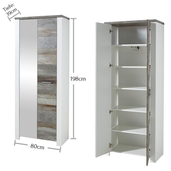 Stella Trading MATEO Garderobenschrank in Weiß mit Driftwood Optik - Moderner Flurgarderoben Schrank mit Spiegeltür - 80 x 198 x 39 cm (B/H/T)