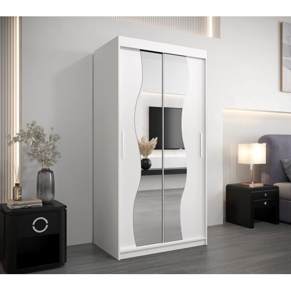 KRYSPOL Schwebetürenschrank Madryt 100 cm mit Spiegel Kleiderschrank mit Kleiderstange und Einlegeboden Schlafzimmer- Wohnzimmerschrank Schiebetüren Modern Design (Weiß)