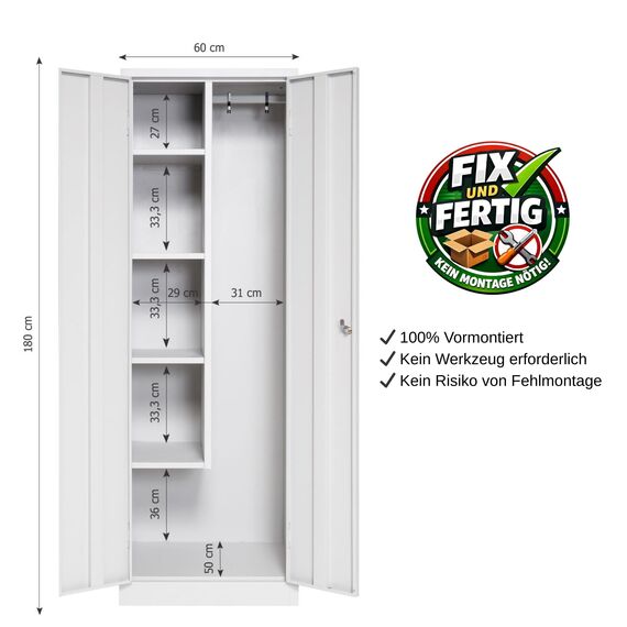 furni24 TÜV/GS - Metall Putzmittelschrank – Wäsche Schrank aus Stahl mit Türen, Garderobenstange, große Fächer, Hutablage, fertig montiert - Grau, XXL 60 x 50 x 180 cm