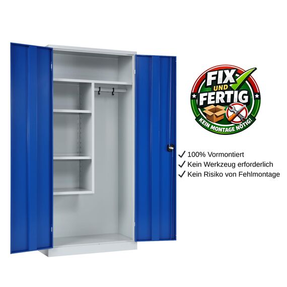 furni24 Metall Putzmittelschrank–Wäscheschrank aus Stahl mit blauen Türen Zweipunktverriegelung incl. 2 Schlüsseln Kleiderspind Stahl Lagerschrank Werkzeugschrank fertig montiert-Grau 92x195x42cm