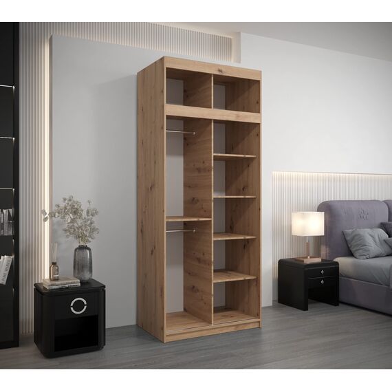 KRYSPOL Schwebetürenschrank Madryt 100 cm mit Spiegel Kleiderschrank mit Kleiderstange und Einlegeboden Schlafzimmer- Wohnzimmerschrank Schiebetüren (Artisan Eiche + Schwarz mit Erweiterung)