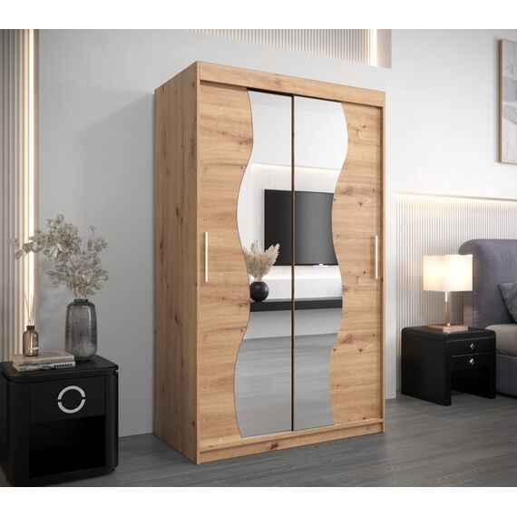 KRYSPOL Schwebetürenschrank Madryt 120 cm mit Spiegel Kleiderschrank mit Kleiderstange und Einlegeboden Schlafzimmer- Wohnzimmerschrank Schiebetüren Modern Design (Artisan Eiche)
