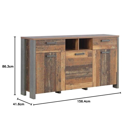 FORTE Clif Kommode mit 3 Türen und 2 Schubladen, Holzwerkstoff, Old – Wood Vintage/ Betonoptik Dunkelgrau, 156,4 x 86,3 x 41,6 cm