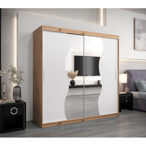 KRYSPOL Schwebetürenschrank Madryt 200 cm mit Spiegel Kleiderschrank mit Kleiderstange und Einlegeboden Schlafzimmer- Wohnzimmerschrank Schiebetüren Modern Design (Artisan Eiche + Weiß)