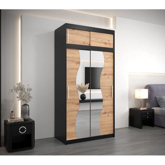 KRYSPOL Schwebetürenschrank Madryt 120 cm mit Spiegel Kleiderschrank mit Kleiderstange und Einlegeboden Schlafzimmer- Wohnzimmerschrank Schiebetüren (Schwarz + Artisan Eiche mit Erweiterung)