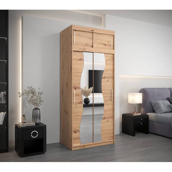 KRYSPOL Schwebetürenschrank Madryt 100 cm mit Spiegel Kleiderschrank mit Kleiderstange und Einlegeboden Schlafzimmer- Wohnzimmerschrank Schiebetüren Modern Design (Artisan Eiche mit Erweiterung)