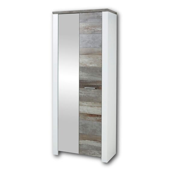 Stella Trading MATEO Garderobenschrank in Weiß mit Driftwood Optik - Moderner Flurgarderoben Schrank mit Spiegeltür - 80 x 198 x 39 cm (B/H/T)