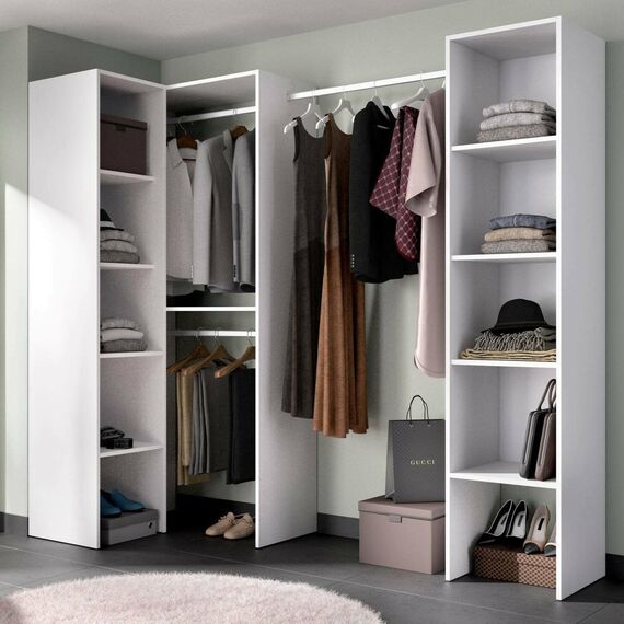 Dmora - Großer Kleiderschrank Plose, Struktur für begehbaren Eckschrank, offener Eckkleiderbügel, 226 x 79 x 186 cm, Weiß
