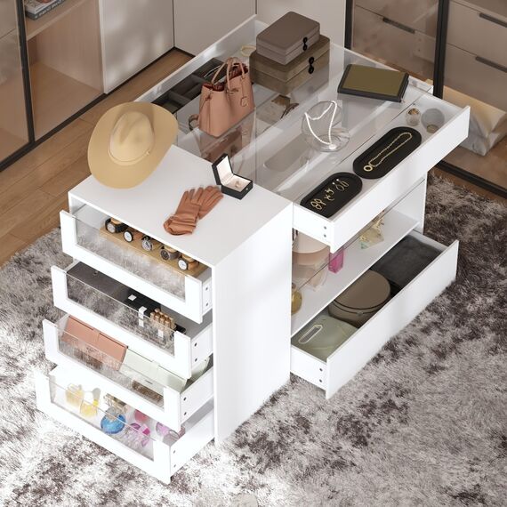 TAMUNE Schlafzimmer-Insel-Kleiderschrank mit 8 Schubladen und Glastischplatte, Ausstellungsregal, Weiß (120 cm B