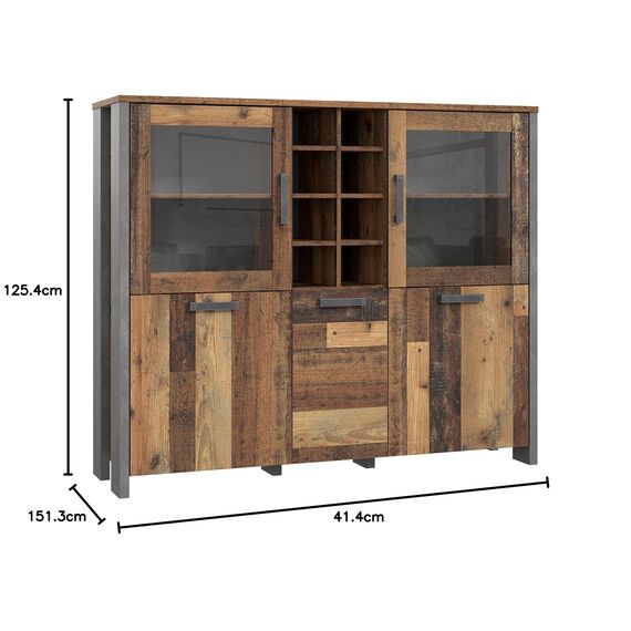 FORTE Clif Highboardvitrine mit 3 Türen unf 2 Glastüren, Holzwerkstoff, Old –Wood Vintage/ Betonoptik Dunkelgrau, 151,3 x 125,4 x 41,5 cm